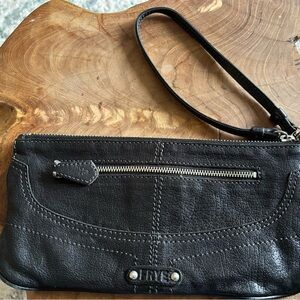 Frye Black Leather Wristlet Clutch with Front Zip